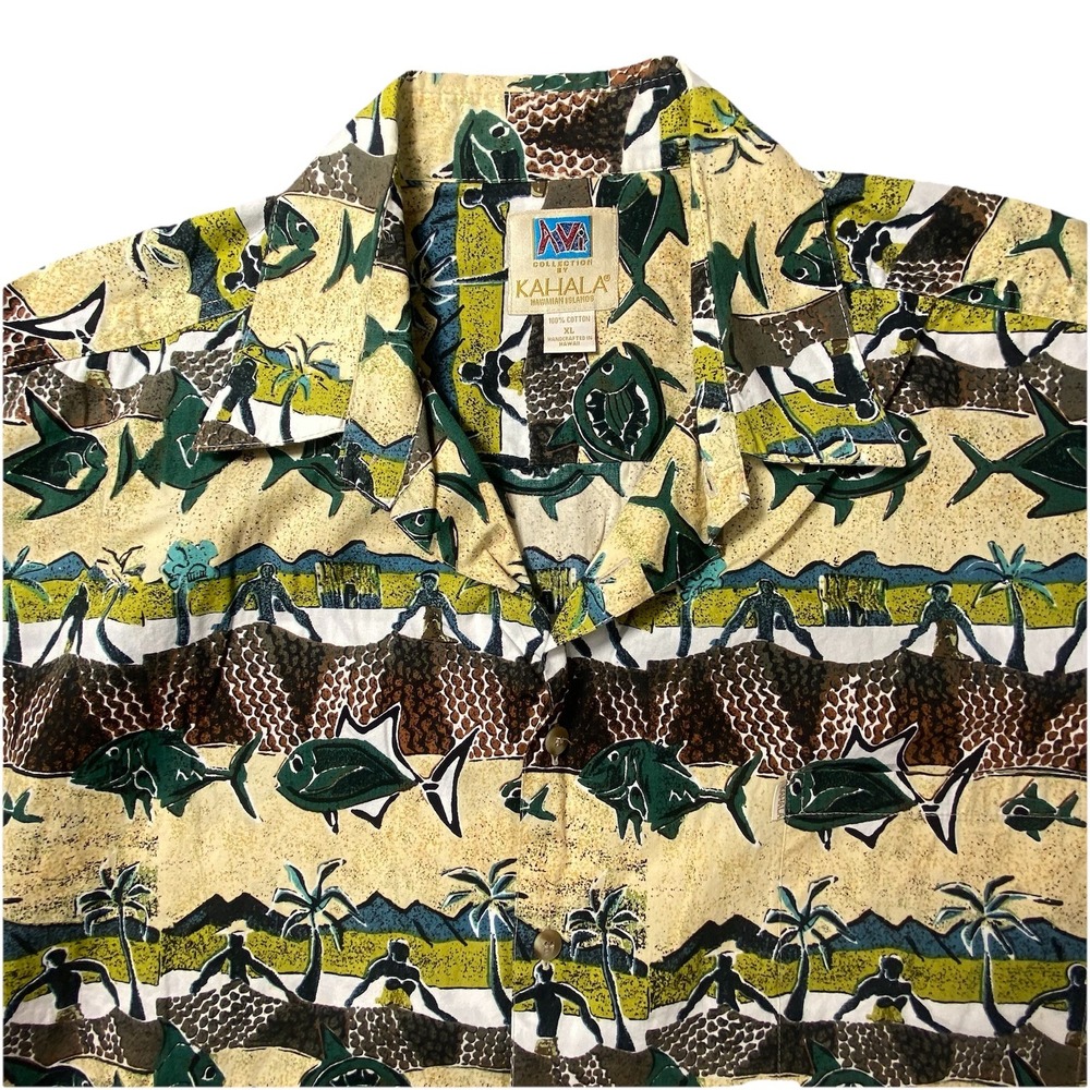VINTAGE Kahala Hawaiian Shirt Mens‎ XL Tribal Fish Cotton Island Avi Collection